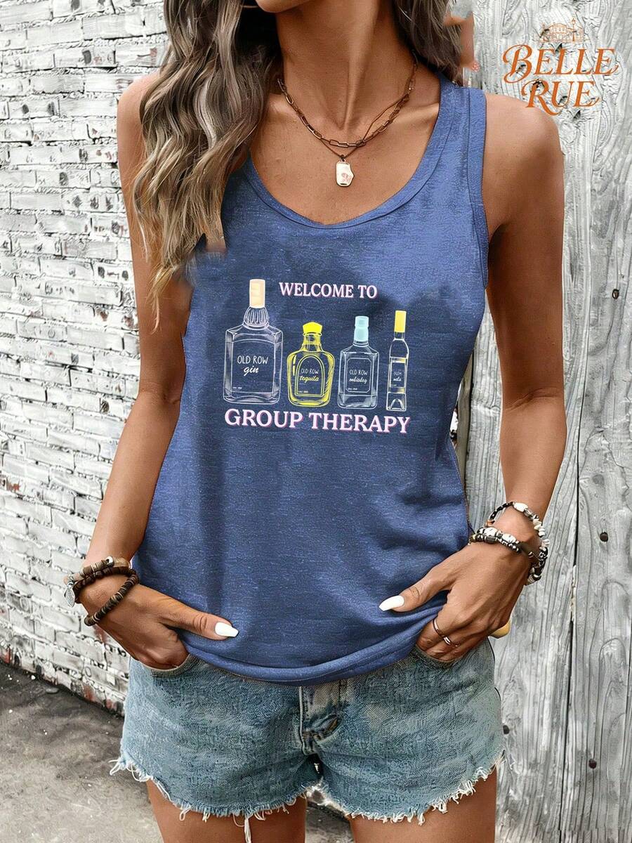 BELLE RUE Row Liquor Bottle Tank Top: Retro Y2K Summer Outfit For Beach Vacation, Group Therapy Funny Alcohol Graphic Casual Tee - Navy Blue - View 1