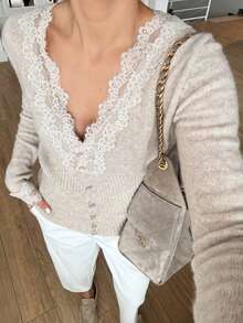 Women's Elegant Autumn/Winter New V-Neck Lace Trim Vintage Pullover Button-Up Date Sweater Fall - Apricot - View 2