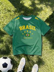 青少年男孩休閒戶外運動 BRASIL 字母印花足球風寬鬆舒適柔軟綠色短袖 T 恤，春夏款，適合夏季運動與返校穿著 - 彩色 - 查看 4