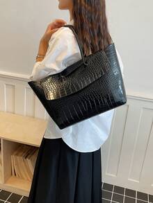 新款女款托特包 素色大容量仿鱷魚壓紋手提包 適合日常通勤 空間充足 便攜實用 百搭經典休閒商務風 適合職場人士 工作 校園 旅行 - 黑色 - 查看 3