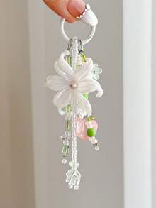 1pc INS Fairy Style Iris Flower Bag Charm, Peach Beaded Keychain, Cute Tassel Phone Lanyard, Aesthetic Wallet Pendant - Multicolor - View 6