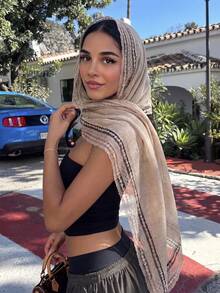 1PC Women's Casual Solid Color Lace Plain Weave Square Scarf/Headscarf, Fashionable Bohemian Hair Accessory, Suitable For Summer Island Vacation, Festival, Wedding, Back To School, Party, Dinner, Can Be Paired With Earrings, Pendant, Fashion Glasses - Light Khaki - View 1
