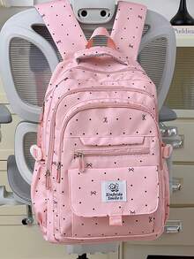 Aesthetic Retro Rucksack, Polka Dot Print Women's Functional Backpack, Large Capacity Multi-Layer Zipper Multi-Pocket Laptop Bag, Teen Girl Campus - Multicolor - View 17