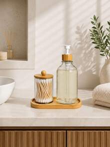 Bathroom Counter Organizer Set, Bamboo Tray With Soap Dispenser And Cotton Swab Holder, Clear Pump Bottle Vanity Storage Set For Bathroom Accessories, Modern Home Organization - View 2