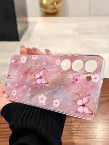 1pc Fashion Creative Pink Gold Marble Pattern Flower Butterfly Transparent Soft Protective Case Compatible With Huawei Honor Galaxy A04e/12/A13/A14/A34/A50/A52/A53/A54/S21/S22/S23/S24/S25/S25Ultra/S25FE/S26/S26 PLUS/S26 ULTRA/S26 EDGE/ 6A/7A/8A/ 12T/13T/15T/15 TPRO[International Version Not Local Version] - Clear - View 3