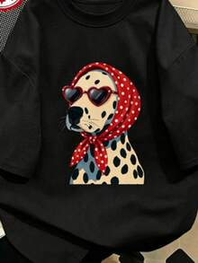 Women's 100% Cotton T-Shirt With Dalmatian Print, Dog Graphic With Red Polka Dot Bandana, Casual Loose Fit, Short Sleeve, Fun And Unique Gift For Dog Lovers - 黑色 - 查看 11