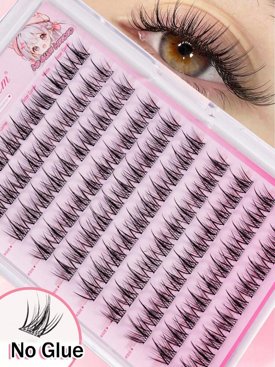 MEM 100Pcs Glueless Self-Adhesive D Curl Manga Cluster Lash Kit, 8-16mm Mixed Length Soft Natural No-Glue DIY Lash Extensions, Ideal For Daily, Wedding, Date & Party Makeup - D - View 1