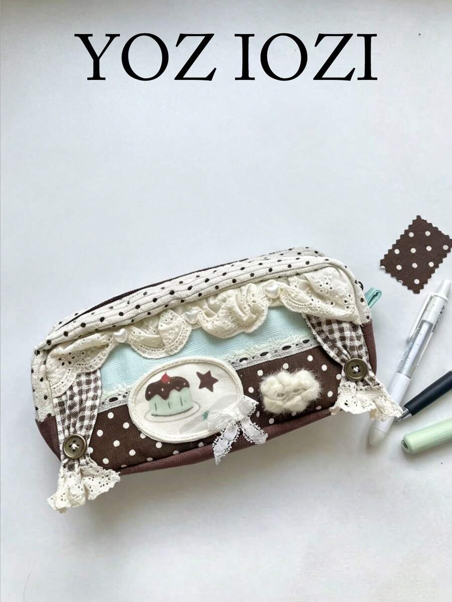 韓系小眾設計 Ins 風格 定製復古細蕾絲飾邊鉛筆袋 Ita Bag 高顏值甜美風 大容量學生文具收納包 - 薄荷綠 - 查看 1