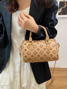 Dedoo 復古印花迷你圓筒手提包，圍巾裝飾，可拆卸肩帶，女款多功能單肩斜挎包 - 卡其色 - 查看 3