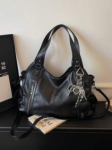 New Fashion Classic Multi-Function Commuter Solid Color Large Capacity Vintage PU Fabric Shoulder Bag Handbag Wallet, Zipper Opening Women's Bag, Suitable For Shopping, Travel - Black - View 9