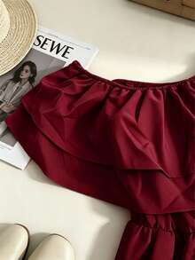 Summer New Plus Size Solid Color Ruffled Multi-Layered Tiered Cake Shorts Off-Shoulder Elegant Sexy Romper - Burgundy - View 4