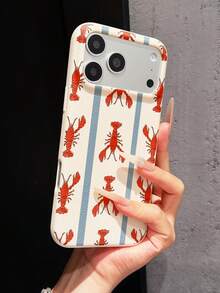 1pc Full Coverage Lychee Texture Cute Lobster Fashion Phone Case, Ins Healing Style Solid Color Leather Texture Phone Case, Perfect For Summer Use, Compatible With IPhone16/17/15/11/13/14/12/17pro/17promax/15pro/15plus/15promax/13promax/12promax/11promax - Multicolor - View 1