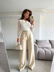 Women's Autumn White Floral Sheer Mesh Cowl Neck Ruched Slim Fit Lace Top, Suitable For Dating, Business Commute, Vacation, Office Wear, Afternoon Tea Gathering, Party And Other Occasions - White - View 8
