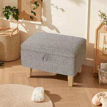 Linen Padded Storage Stool Ottoman Storage Box Footstool Living Room Bedroom Hallway Shoe Stool Footrest - Light Grey - View 4