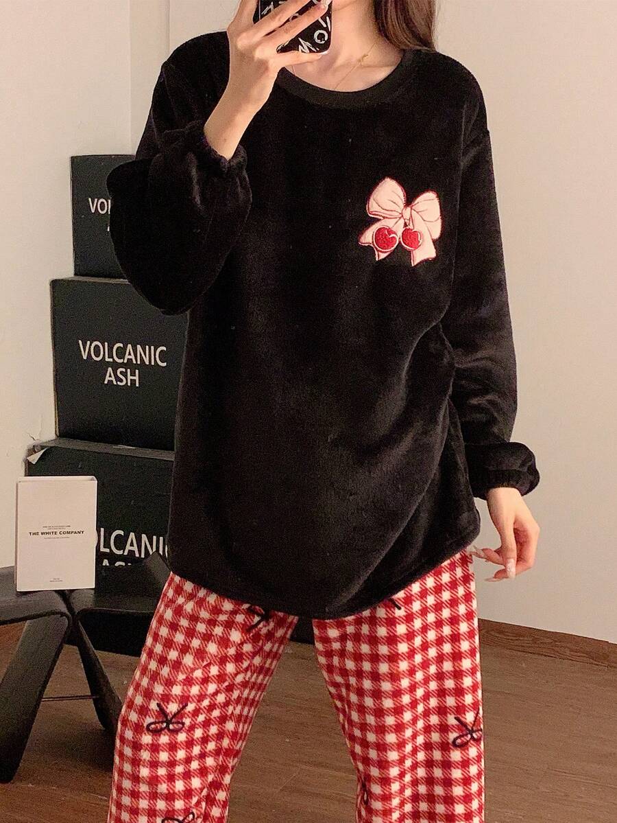 2件組女童蝴蝶結刺繡格紋印花冬季法蘭絨長袖上衣與長褲保暖內裡居家服套裝 - 黑色 - 查看 1