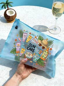 「SUN CARE」印花時尚防水 PVC 沙灘包，彩色字母印花，A4 尺寸，透明化妝包配尼龍拉鍊，適合游泳、潛水與夏季度假，輕量，年輕成人通用，沙灘包配件，旅行必需品，旅行配件，假期必需品，假期旅行包 - 彩色 - 查看 7
