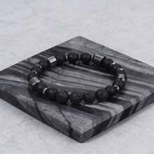 8mm Natural Stone Barrel Bead Elastic Bracelet, Natural Yellow Tiger Eye/Flame Stone/White Turquoise Inlaid With Black Onyx Spacer, Wear-Resistant Durable Non-Fading, Versatile Style For Men And Women, Couple Style - Multicolor - View 4
