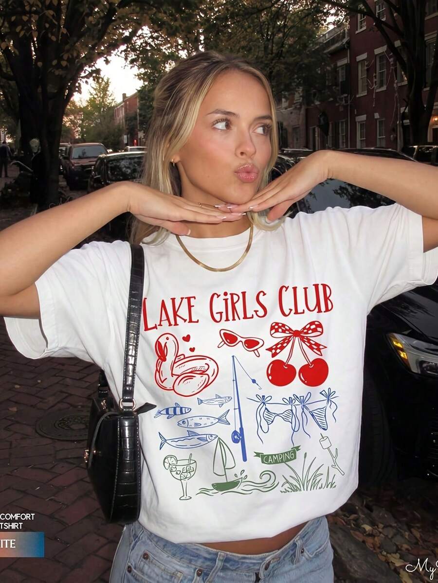 Maglietta Bianca da Donna con Grafica Carina, Top Estivo per Vacanze, T-shirt con Grafica per Giorni al Lago, Maglietta Estiva Morbida - Bianco - Visualizzare 1