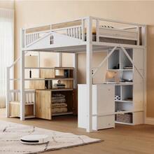 Cama alta metálica de 140 x 200 cm, diseño único con ventana y armario. - Blanco - Ver 6