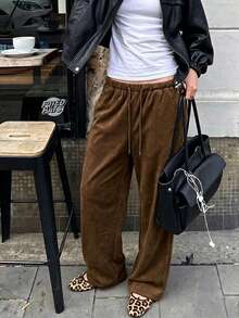 Autumn/Winter Green Suede Old Money Style Wide Leg Pants, Elastic Waist With Drawstring, Loose Drape Casual Pants, Slouchy Women's Long Pants Brown - Brown - View 2