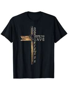 [100% Cotton] John 3:16 Christian Cross Bible T-Shirt - 黑色 - 查看 1