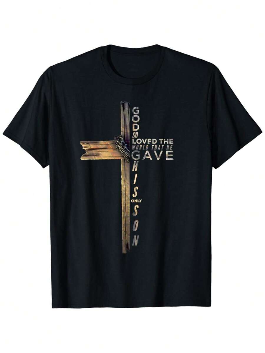 [100% Cotton] John 3:16 Christian Cross Bible T-Shirt - 黑色 - 查看 1