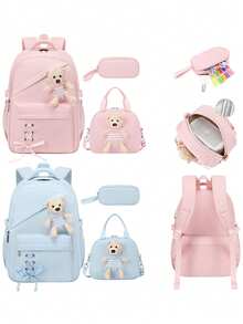3pcs Set Solid Color Cute Bear (Detachable) Backpack Set, Cute School Bag With Bow Ribbon (Detachable), Crossbody Bear Lunch Bag, Zipper Closure, Large Capacity Multi-Pocket Lightweight School Bag, Suitable For Various Occasions, Campus Backpack, Travel Backpack, Back To School Gift - A - View 9