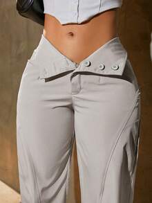 Solid Color High Waist Button Decor Cargo Pants Y2K Music Festival Style - Grey - View 3