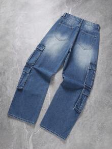 Celana Jeans Denim Lurus Pria Eropa & Amerika Warna Biru dengan Banyak Saku dan Dekorasi, Berbagai Macam Kerajinan - Dark Wash - View 2
