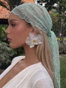 1pc Women's Solid Color Elegant Lace Floral Headscarf, Luxury Bohemian Style Hijab/Shawl, Suitable For Daily Wear, Wedding, Summer Beach Vacation - Mint Green Branches - View 1