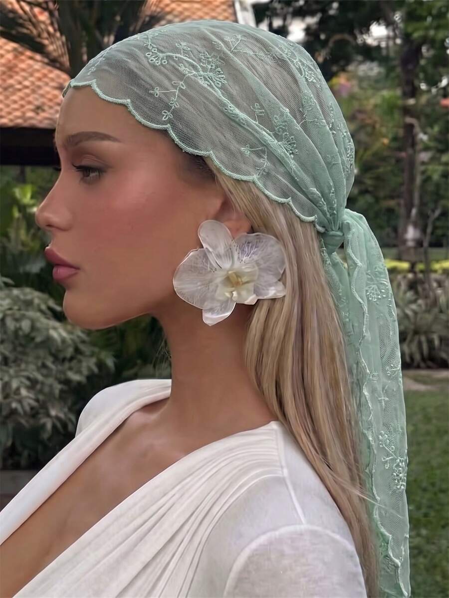 1pc Women's Solid Color Elegant Lace Floral Headscarf, Luxury Bohemian Style Hijab/Shawl, Suitable For Daily Wear, Wedding, Summer Beach Vacation - Mint Green Branches - View 1