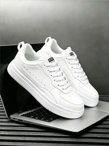Men's Wide Fit All-Season Breathable Versatile Anti-Slip Anti-Odor Thick Sole Pure White Plus Size Skate Shoes Outdoor Casual Low-Top Lace-Up Oversized Athletic Sneakers, Recommended To Order One Size Up - White - View 3