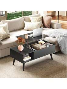 Mesa de café con tapa elevable de 39" estilo rústico con estante de almacenamiento y compartimento oculto, mesa de centro para sala de estar, mesa de comedor pequeña, organizador ahorra espacio - Roble negro - Ver 9