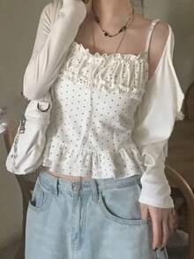 Polka Dot Ruffle Trim Camisole & Cardigan 2 Pieces Set - White - View 1