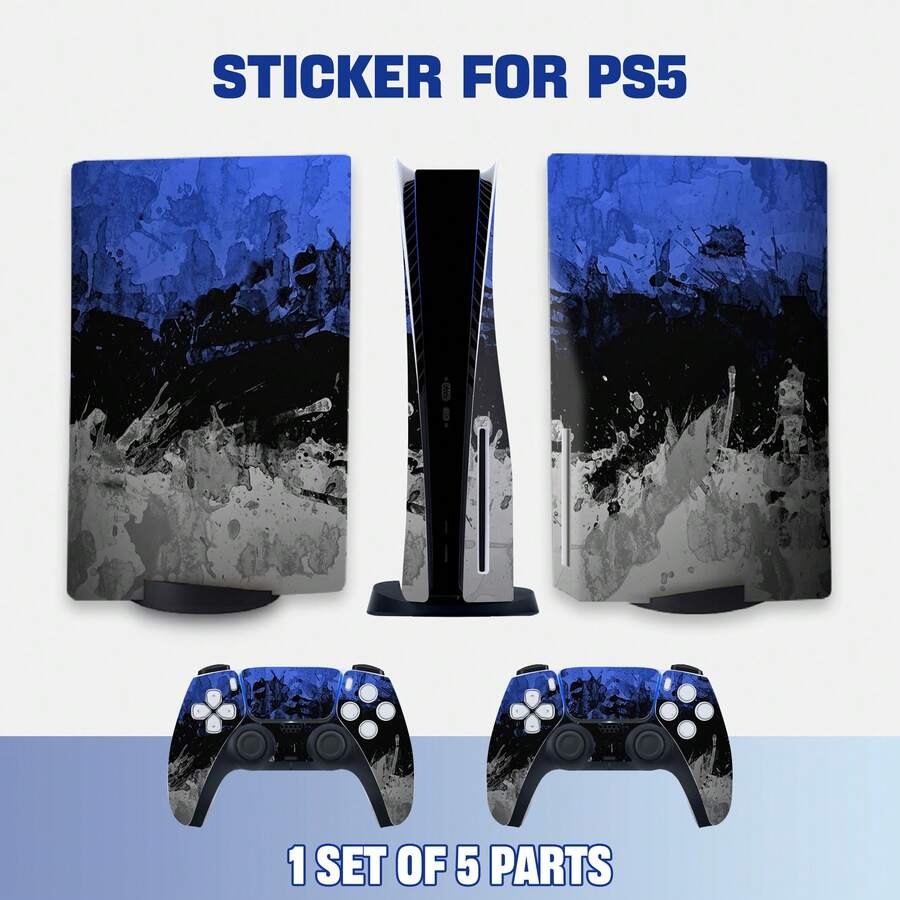 Artistic Blue & Black Ink Wash Sticker Compatible With PS5 Disc Edition, Matte Texture, Waterproof, Removable No Residue, Full Body Protection Skin For Console & Controller - View 1