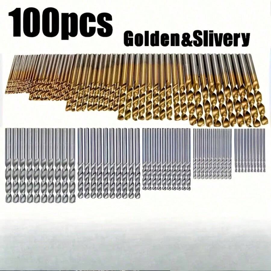 50/100件組 鈦塗層高速鋼鑽頭套組，135°尖端，適用於木工，尺寸 1/25" 至 1/8"，圓柄麻花鑽頭，適用於金屬、木材、塑料，適合居家修繕