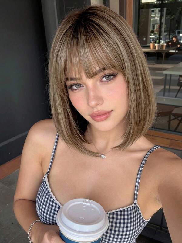 12in Ombre Wigs With Bangs Bob Wigs Short Bob Wigs Women Synthetic Wigs Short Straight Hair For Women's Daily Wear Layered Middle Part WigsIt's The Perfect Gift For Halloween And Christmas. Perfectly Showcases Party Fashion