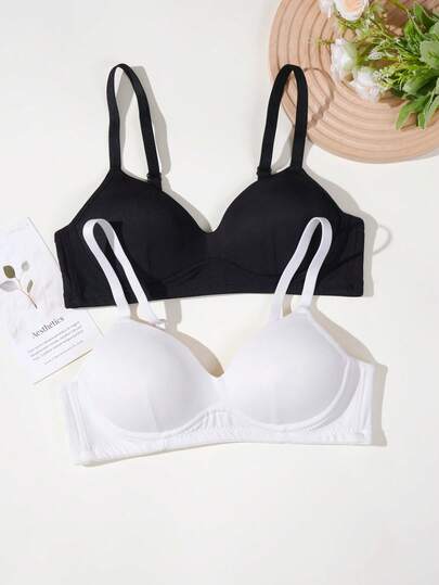 2pcs Solid Color Wireless Thin Push-Up Bra, Suitable For Small Bust, Suitable For Teenagers