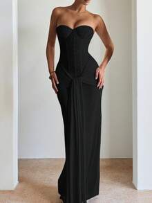 Autumn Party Luxury Strapless Evening Gown, Elegant Sexy Twisted Design Beach Dress, Suitable For Wedding, Dinner, Vacation, Commute - Black - View 3