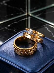 2 Styles Exquisite Commuter Gold-Plated Couple Rings, Roman Numeral Hollow Zirconia Ring, Rotatable Chain Wide Ring, Versatile Matching Set For Dating, Wedding, Valentine's Day (With Box) - Gold - View 4