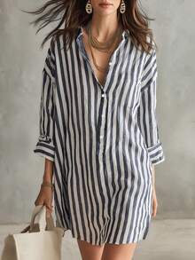 Women's Casual Striped Shirt Dress, Short Woven Fabric, Three-Quarter Sleeves, Collar Design, Perfect Choice For Casual Outings In Autumn. Elegant - Blue and White - View 1