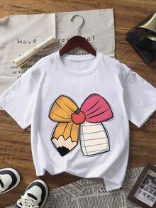 [返校季]Tween女孩 1件印花短袖套頭T恤，學生幼童服飾，夏季送給Tween女孩的禮物 - 白色 - 查看 3