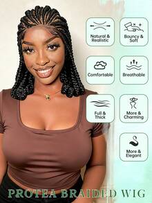 A ANYTIME 16 Inch Hand-Tied Cornrow Braided Wigs For Black Women, HD Full Transparent Lace Front Box Braid Wig With Curly Ends, Soft Lightweight Synthetic Braids Lace Wig Daily Wear, Halloween - Black - View 7