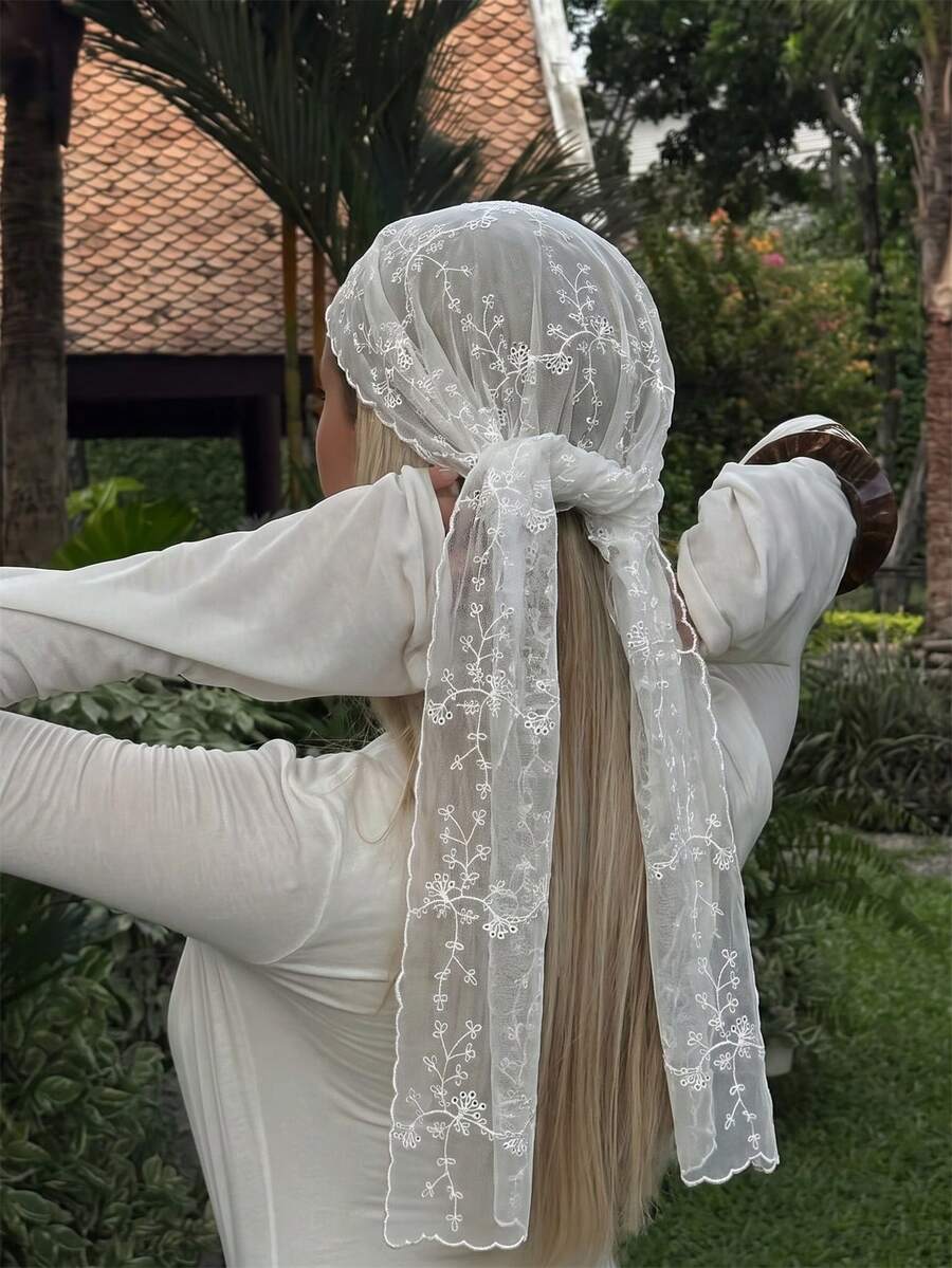 1件女款純色優雅蕾絲花卉頭巾,奢華波希米亞風希賈布/披肩,適合日常穿著、婚禮、夏季海灘度假 - 白色樹枝 - 查看 1