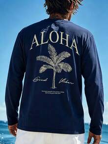 ALOHA Coconut Tree Loose Long Sleeve T-Shirt Men Spring Autumn Navy Blue Island Vacation Casual Base Layer - Navy Blue - View 1