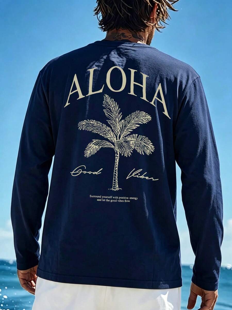 ALOHA Coconut Tree Loose Long Sleeve T-Shirt Men Spring Autumn Navy Blue Island Vacation Casual Base Layer - Navy Blue - View 1