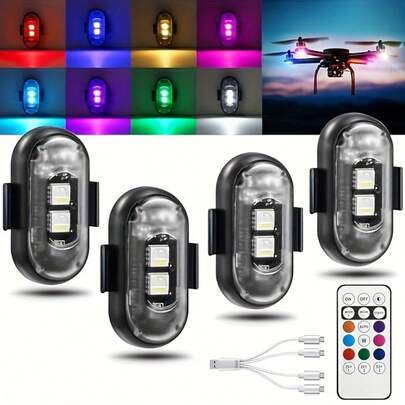 2/4pcs RGB Strobe Aircraft Decoration Lights + Remote Control, USB Rechargeable Anti-Collision LED Emergency Warning Light, Long Battery Life, Easy Installation, Easter Appearance Decoration Light, Suitable For Drones, Aircraft, Bicycles, Work, Riding And Adventure, IP65