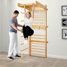 SAILUN Swedish Ladder Wall Bars Wooden 6 In 1 Climbing Frame Includes Pull Up Bar, Gymnastics Rings, Ladder, Slide/Climbing Board, Monkey Bars Play Gym For Adult, 100kg Capacity - Wood Colour - View 7