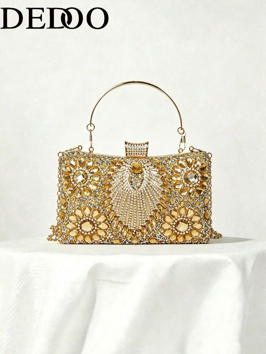 Women's Evening Clutch Bag, Hard Shell Square Box Bag With Floral Rhinestone Pattern, Top Handle And Detachable Chain Shoulder Strap, Suitable For Weddings, Balls And Banquets