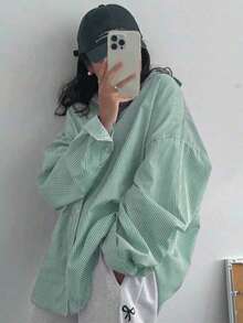 女款大尺碼條紋鈕扣開襟休閒襯衫，長版落肩袖，梭織布料 - 薄荷綠 - 查看 2